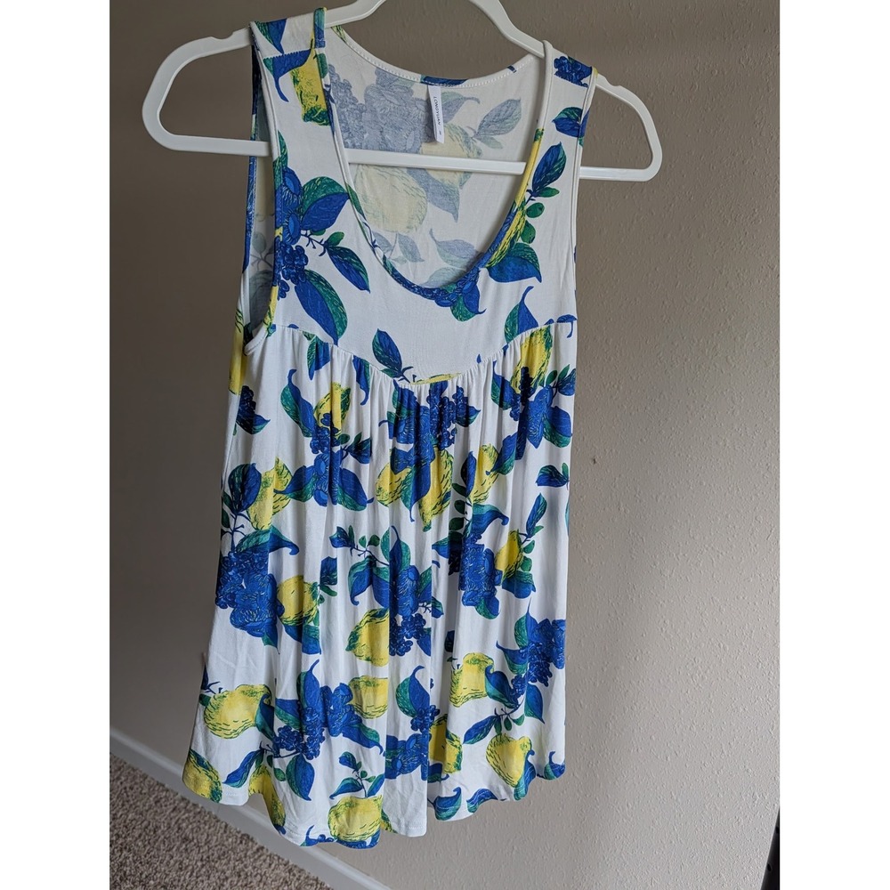 Longyuan Lemon Floral Print Tank Top Womens White Blue Yellow Empire Waist Tunic